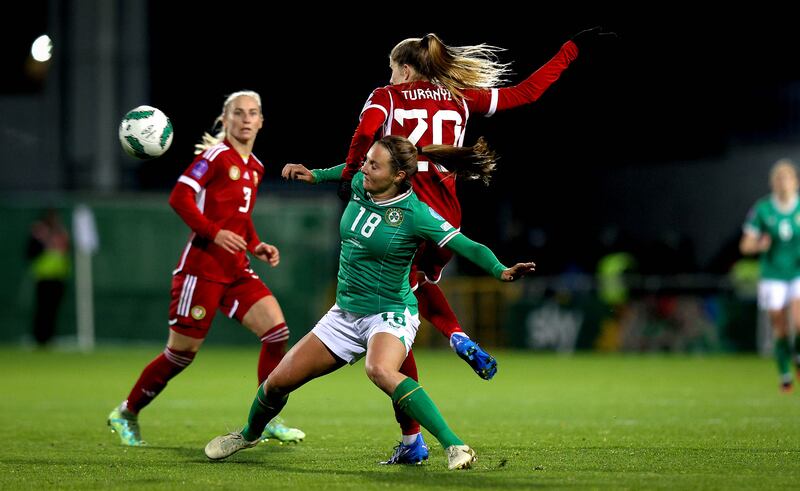 Ireland’s Kyra Carusa and Lilla Turányi of Hungary. Photograph: Ryan Byrne/Inpho
