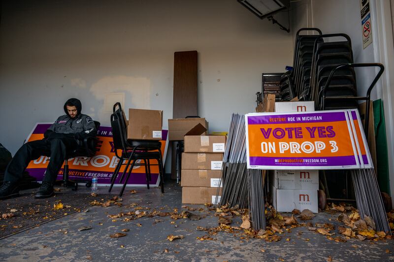 Proposal 3 signage displayed for volunteers in Dearborn, Michigan. Community members and activists of Proposal 3 were canvassing and organising around Michigan ahead of the November 8th midterm elections. Photograph: Brandon Bell/Getty