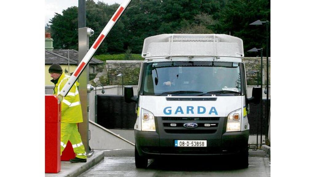 A Garda van leaving the secure Infirmary Road entrance to the Criminal Courts of Justice. Jean Treacy, the woman with whom Eamonn Lillis was having an affair, was taken by gardaí through the underground entrance of the courts yesterday.