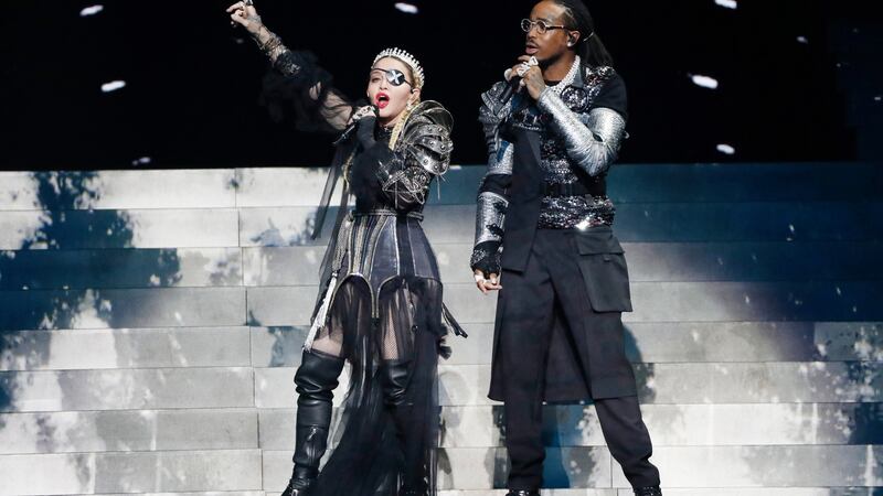 Madonna and Quavo, perform live on stage in Tel Aviv.  Photograph: Michael Campanella/Getty Images