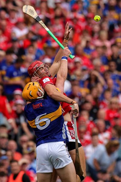 Tipperary's Ronan Maher and Cork's Brian Hayes up for a high ball in the 2025 All-Ireland final. Photograph: Morgan Treacy/©INPHO
