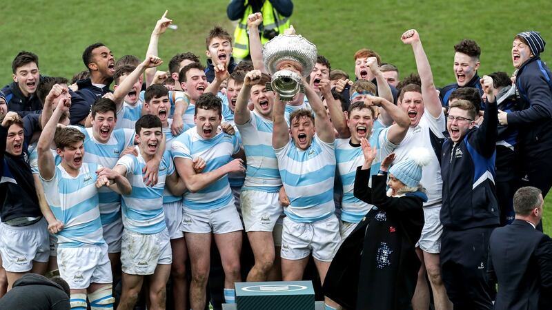 Blackrock College celebrate their Bank of Ireland Leinster Schools Senior Cup Final win over Belvedere College at the  RDS. Photograph: Laszlo Geczo/Inpho