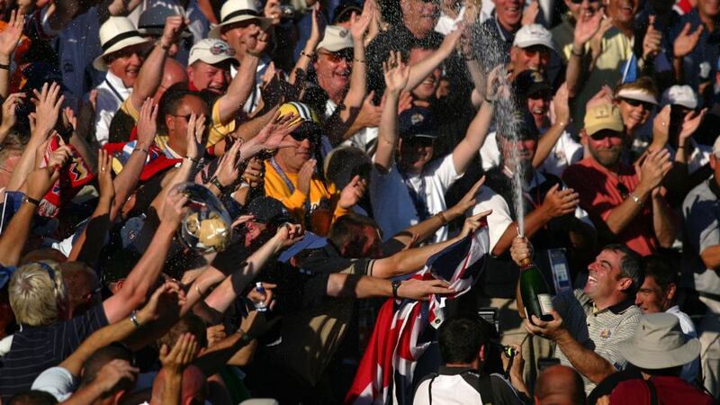 Paul McGinley  celebrates with the team on the 18th green after their victory over the USA  at the 35th Ryder Cup  at Oakland Hills in Michigan. Photograph:  Donald Miralle/Getty Images