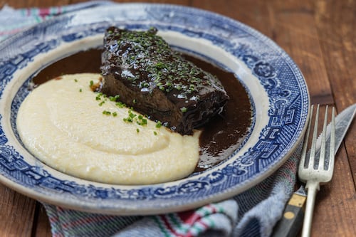 Mark Moriarty’s recipe for slow-cooked beef cheek with cheesy polenta