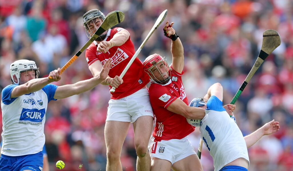 Waterford’s Shane Bennett and Stephen Bennett with Darragh Fitzgibbon and Ciarán Joyce of Cork at the Munster Senior Hurling Championship round five game on Sunday. Photograph: James Crombie/INPHO