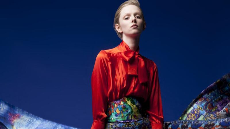 Orange silk pintucked blouse €395, splash print silk obi belt €95, Ocean underworld print silk scarf €180, primrose stain glass digital print scarf €180, two ladies digital print scarf €180.