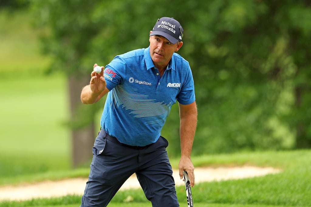 AKRON, OHIO - JUNE 19: Padraig Harrington of Ireland reacts to his putt on the fifth hole during the first round of the Kaulig Companies Championship 2025 at Firestone Country Club on June 19, 2025 in Akron, Ohio. (Photo by David Berding/Getty Images)