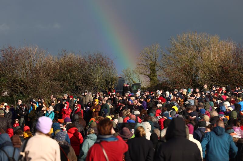 A rainbow appears at Month’s mind for Manchán Magan: Ashes and celebration of land and spirit, at the Hill of Uisneach, Westmeath. Photograph: Dara Mac Dónaill