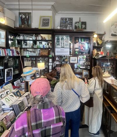 PJ Murphy entertaining visitors in Sweny’s Pharmacy, Dublin