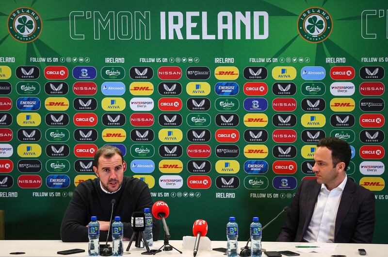 FAI director of football Marc Canham alongside John O'Shea when the former Ireland international was announced as interim manager in March. Photograph: Ryan Byrne/Inpho