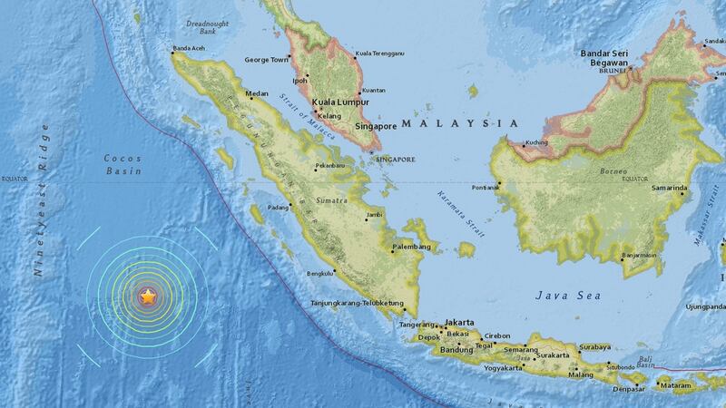 A screenshot of an interactive map provided on the website of the US Geological Survey showing the location of an earthquake in a depth of about 10 kilometers southwest of Sumatra, Indonesia. Photograph: EPA/US Geological Survey