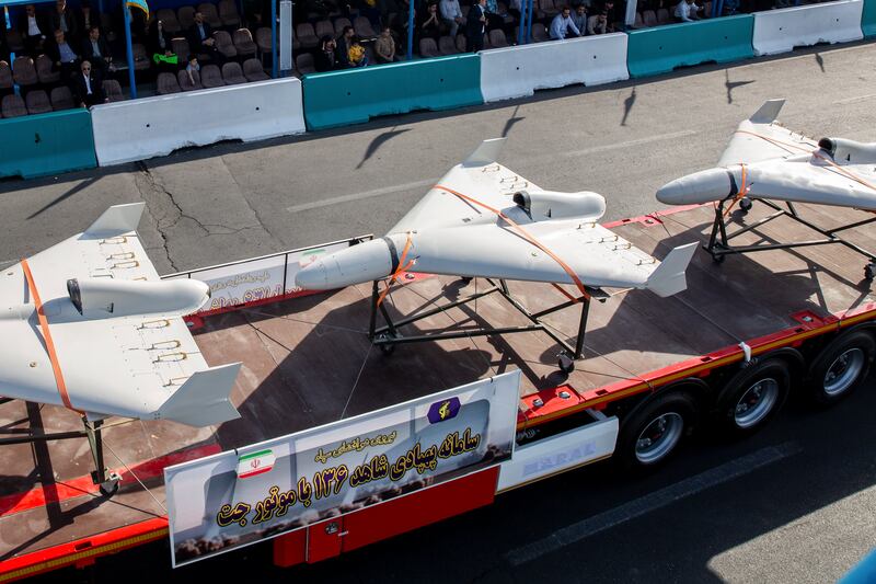 Iranian-made Shahed-136 drones on display at a military parade in Tehran, Iran, Sept. 21, 2024. Arash Khamooshi/The New York Times
