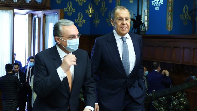 Armenian foreign minister Zohrab Mnatsakanyan (left) and Russian foreign minister Sergei Lavrov during their meeting in Moscow, Russia, on Wednesday. Photograph: Russian Foreign Affairs Ministry/EPA
