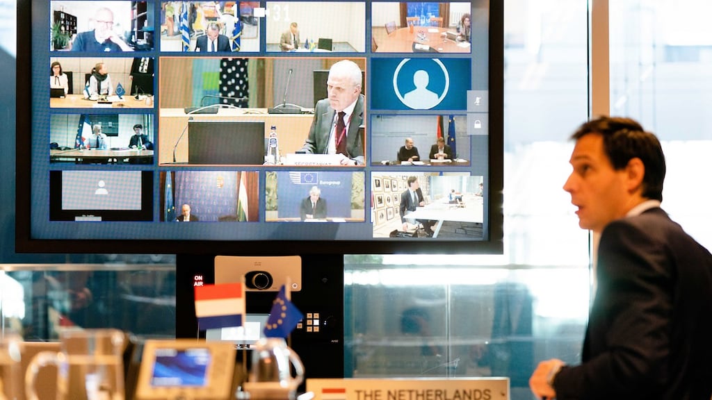 Dutch Minister Wopke Hoekstra during a video conference with the EU finance ministers, on what means should be used to absorb the economic blow of the corona crisis