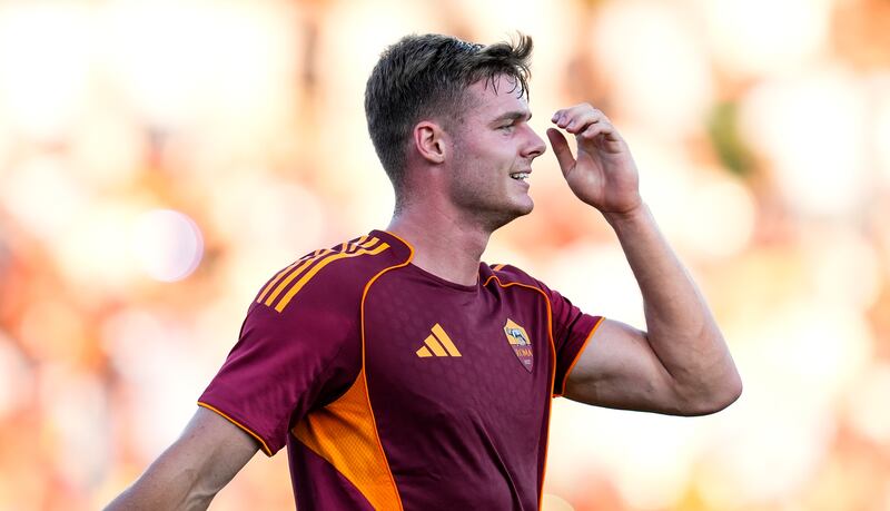 Evan Ferguson celebrates scoring a goal for his new club Roma. Photograph: Matteo Ciambelli/Inpho