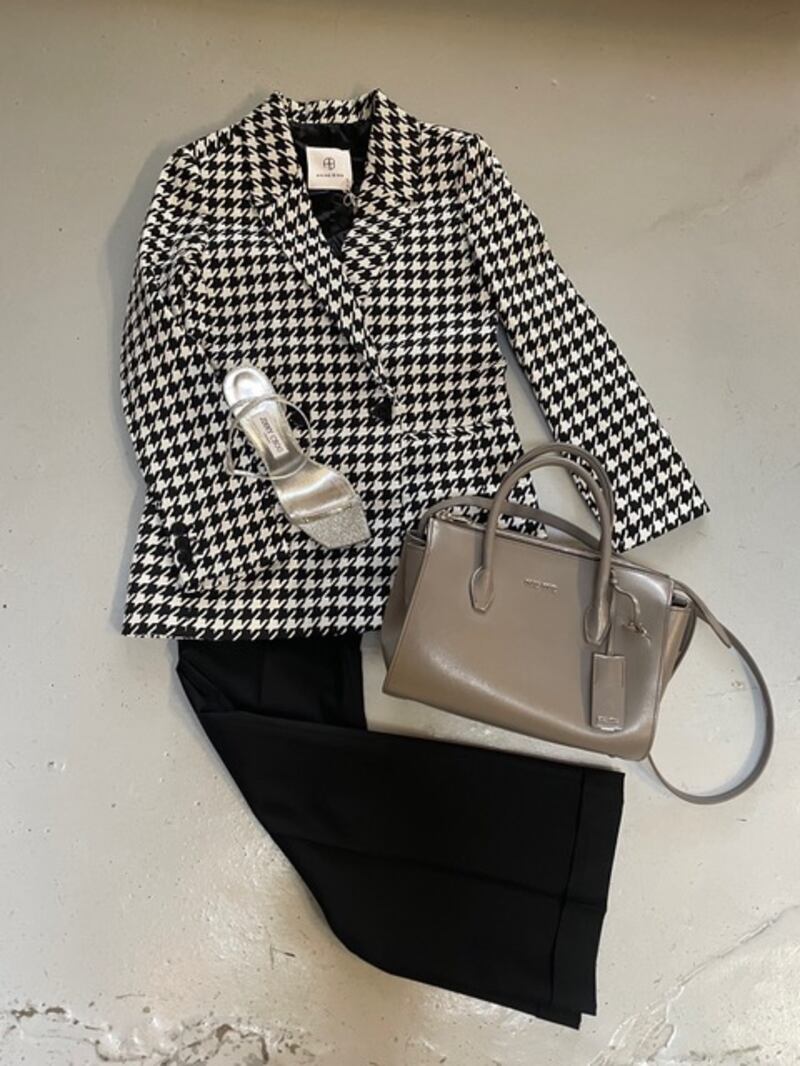 Annie Bing houndstooth blazer, €280, Chloe trousers, €250, and Jimmy Choo shoes (unworn), €450, from The Cobblers Wardrobe, Sandymount
