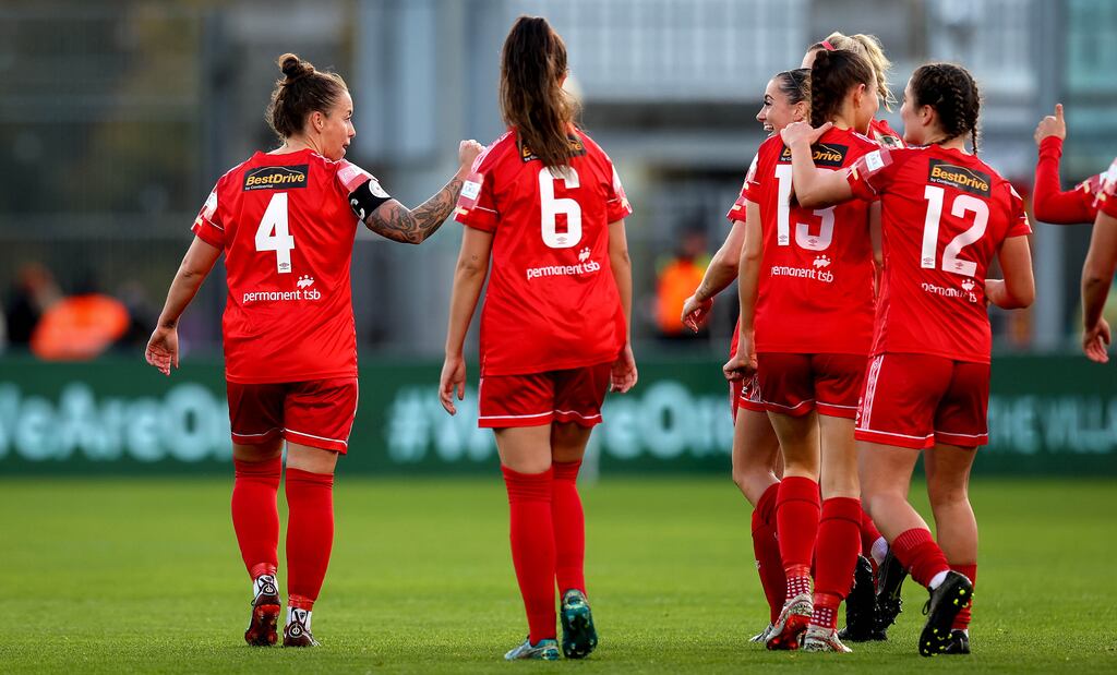 Shels’ Pearl Slattery celebrates scoring her side’s second goal of the game. Photograph: Ryan Byrne/Inpho