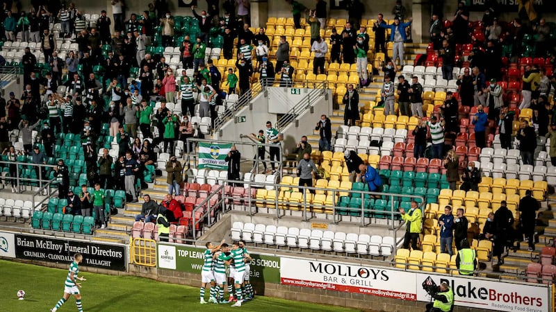 Shamrock Rovers celebrate Aidomo Emakhu’s later winner in Tallaght. Photograph: Ben Brady/Inpho