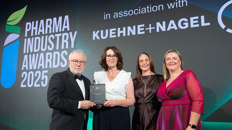 Martin Myers, national air logistics manager, Ireland at Kuehne + Nagel, presents the biopharma company of the year to the AbbVie Ireland team