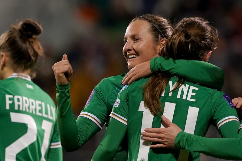 Heather Payne and Sinead Farrelly linked up well for Ireland's goal. Photograph: Brian Lawless/PA Wire

 