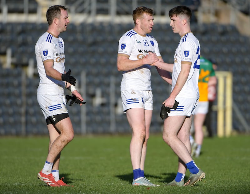 Scotstown’s Jack McCarron, Kieran Hughes and Nicky Sherlock at the end of the game. Photograph: Andrew Paton/Inpho