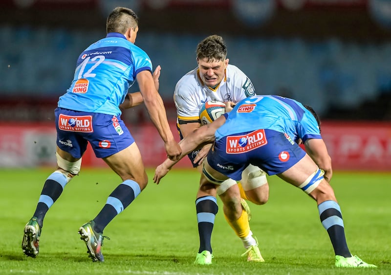 Leinster's Alex Soroka is tackled by Harold Vorster of the Bulls during last Saturday's URC clash in Pretoria, South Africa. Photograph: Steve Haag Sports/Christiaan Kotze/Inpho
