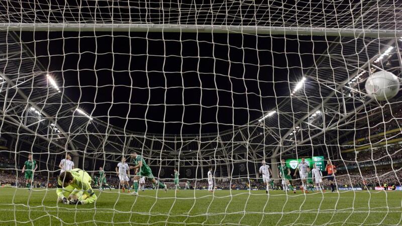 Jon Walters of the Republic of Ireland scores from the penalty spot during the Euro 2016 play-off second leg between the Republic of Ireland and Bosnia-Herzegovina at Aviva Stadium. Photo:  Charles McQuillan/Getty Images