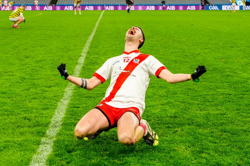 PJ Mac Láimh of An Ghaeltacht celebrates his team's All-Ireland club final victory against Glenullin at Croke Park. Photograph: James Lawlor/Inpho