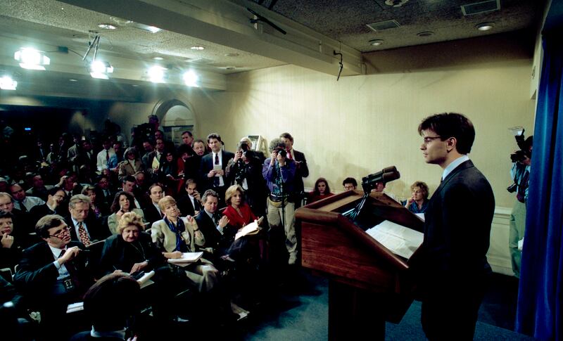 George Stephanopoulos takes reporters' questions in the press briefing room at the White House on January 21st, 1993, the first briefing of President Clinton's new administration. Photograph: Mark Reinstein/Corbis via Getty Images