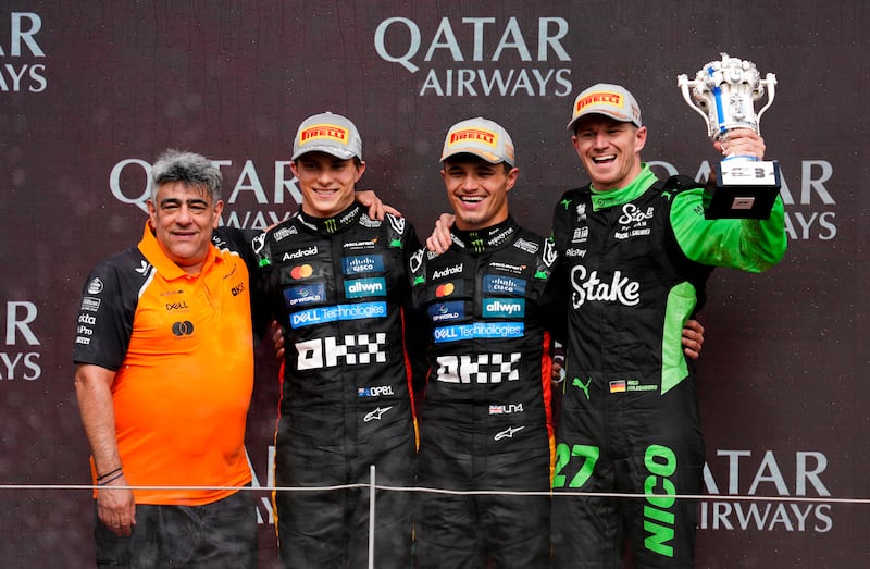 McLaren technical director Peter Prodromou, with Oscar Piastri (second), Lando Norris (first) and Nico Hulkenberg (third). Photograph: Andrew Matthews/PA