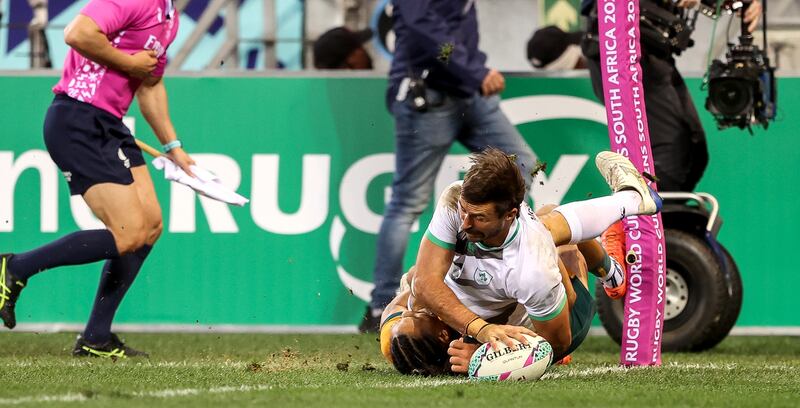 Ireland’s Harry McNulty scores a try against Australia at the Sevens World Cup, Cape Town, South Africa. Photograph: INPHO/Travis Prior