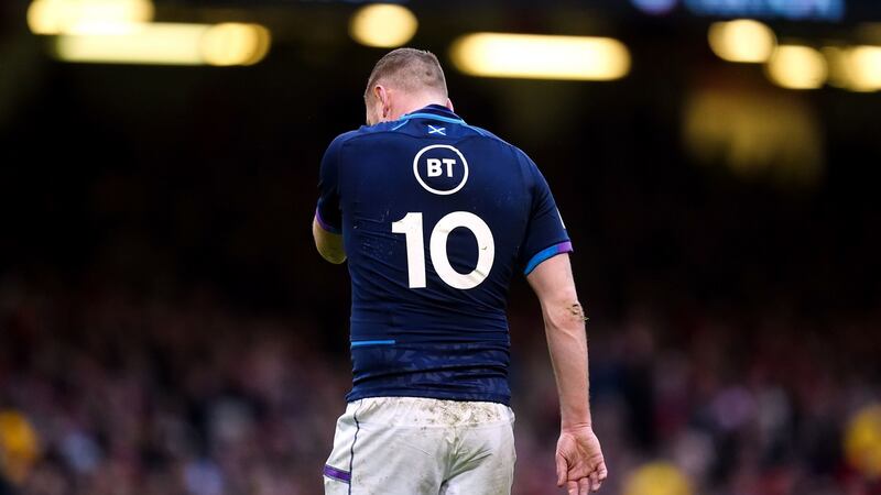 Scotland’s Finn Russell heads to the sin bin after being shown a yellow card during the s Six Nations match against Wales  at the Principality Stadium. Photograph:  David Davies/PA Wire