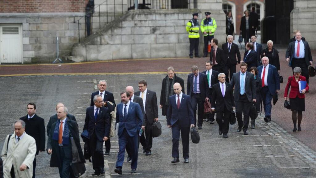 European Environment Ministers arrive at Dublin Castle yesterday for an informal meeting chaired by Minister for the Environment Phil Hogan TD as part of the Irish Presidency of the EU. Photograph: Bryan O'Brien