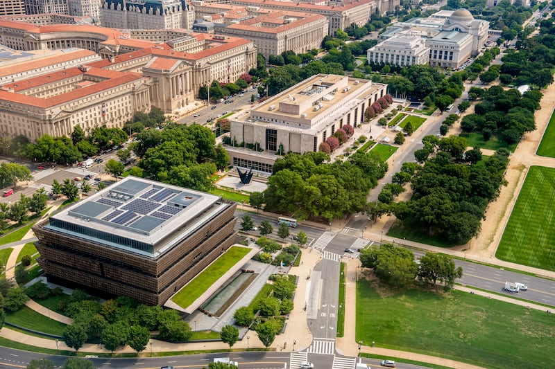 The National Museum of African-American History and Culture, and the Smithsonian National Museum of Natural History as seen from the Washington Monument earlier this month. Photograph: Andrew Harnik/Getty Images