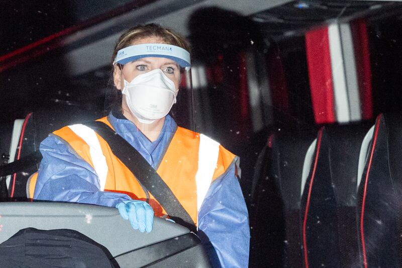 British nationals, repatriated from the hantavirus-hit cruise ship, arrive by coach at Arrowe Park Hospital in Wirral, northwest England on Sunday for isolation. Photograph: Toby Shepheard / AFP via Getty Images