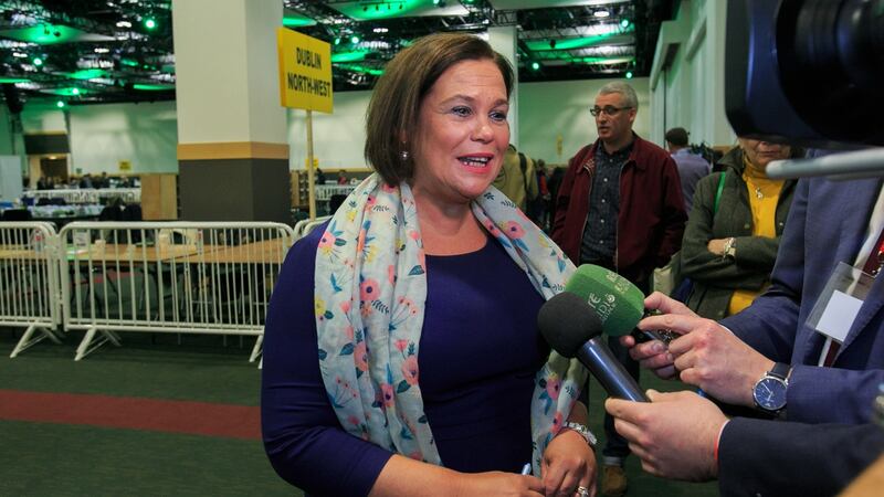 Sinn Féin leader Mary Lou McDonald  at the count centre with her poppy scarf. Photograph: Gareth Chaney, Collins