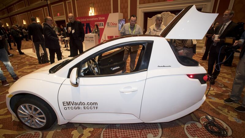 The Electra Meccanica Vehicles  Solo three-wheeled, single-passenger electric vehicle  attracts attention at CES Photograph: Bloomberg