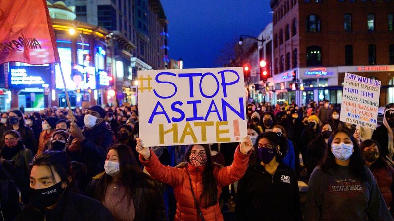 Protesters gather in Washington on Wednesday after eight people were shot to death at three massage parlours in the Atlanta area on Tuesday evening. Photograph: Erin Scott/The New York Times
