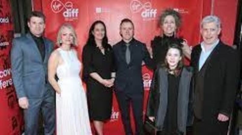 From left, actor Michael Patrick, producer Cleona Ní Chrualaoi, Minister for Arts Catherine Martin, director Colm Bairéad and cast members Carrie Crowley, Catherine Clinch and Andrew Bennett at Dublin International Film Festival in February. Photograph: DIFF