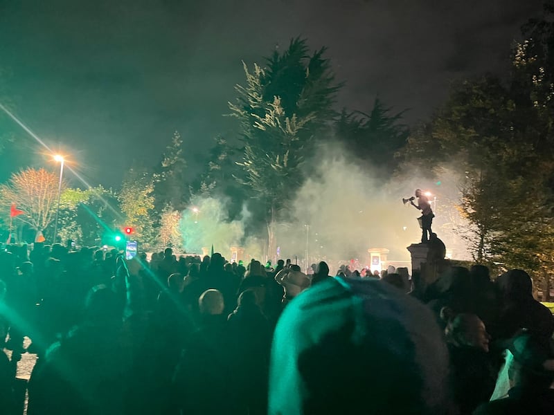 Protesters at the entrance to the former Citywest Hotel: up to 1,000 took part in Tuesday night's protest. Photograph: Ronan McGreevy