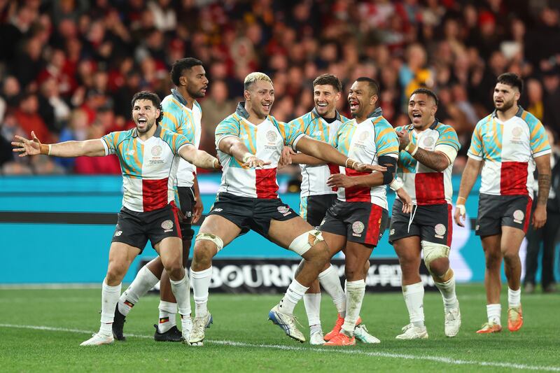 Rob Leota of the First Nations & Pasifika celebrates after scoring a try. Photograph: Mike Owen/Getty
