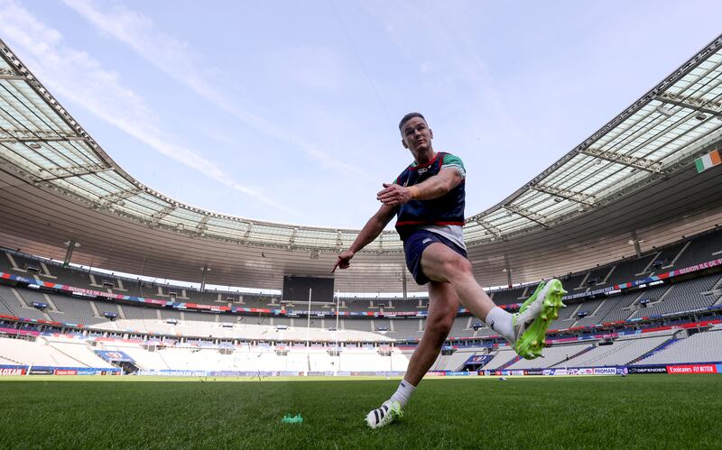 Johnny Sexton gets in some kicking practice during Ireland's captain's run at the Stade de France. Photograph: Dan Sheridan/Inpho 
