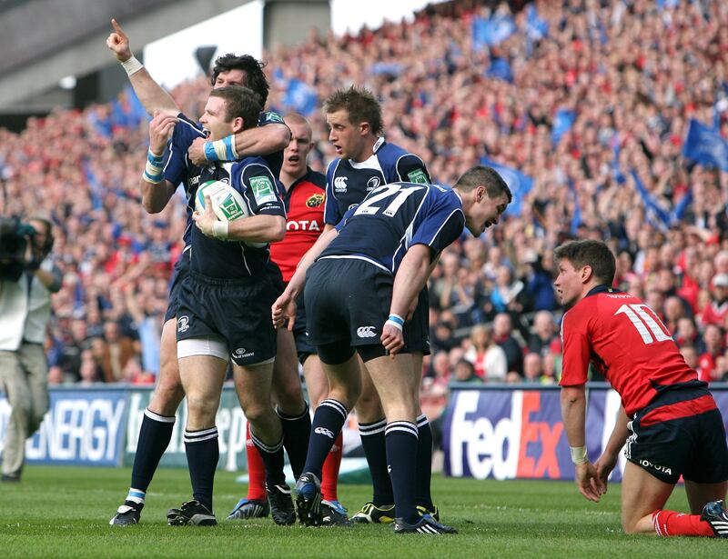 Johnny Sexton celebrates in front of Ronan O'Gara during Leinster's Heineken Cup semi-final win in 2009. Photograph: James Crombie/Inpho 