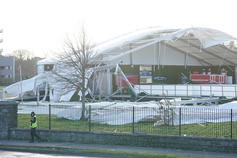 An ice skating dome in Blanchardstown was destroyed after strong winds tore the structure apart during Storm Éowyn. Photograph: Brian Lawless/PA Wire