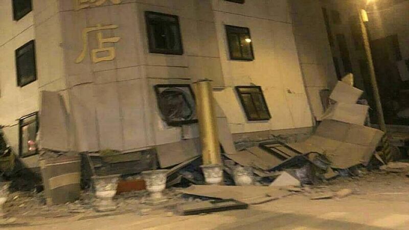 The Tongshuai Hotel is damaged after an earthquake hit Hualien on Taiwan’s east coast. Photograph:  EPA/STR