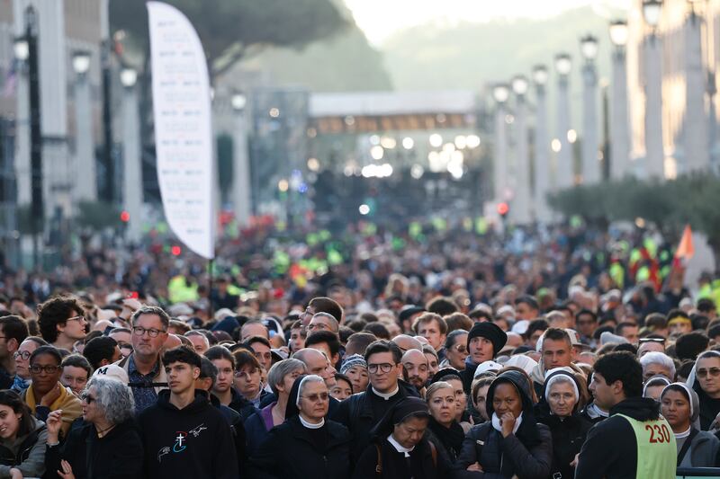 People are gathering at the Vatican ahead of the funeral of Pope Francis in St Peter’s Square. Photograph: Mario Tama/Getty Images)