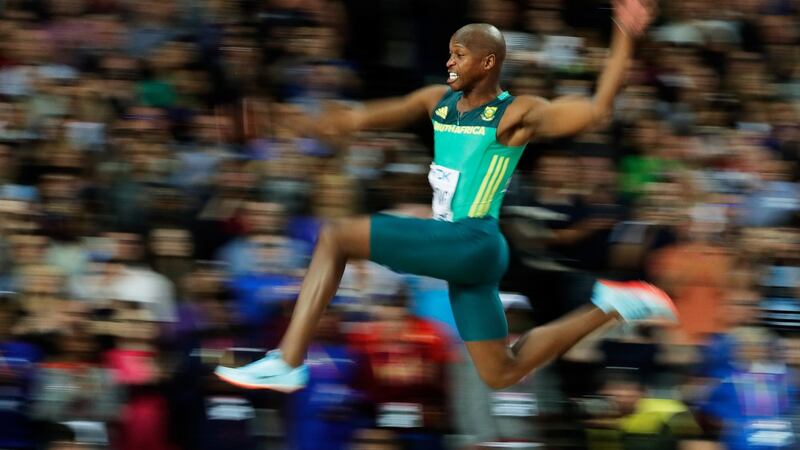Great leap: Manyonga won the men’s long jump final in the IAAF World  Championships with a jump of   8.48m. Five years ago, he was addicted to the deadly drug “tik”. Photograph: Andy Lyons/Getty Images