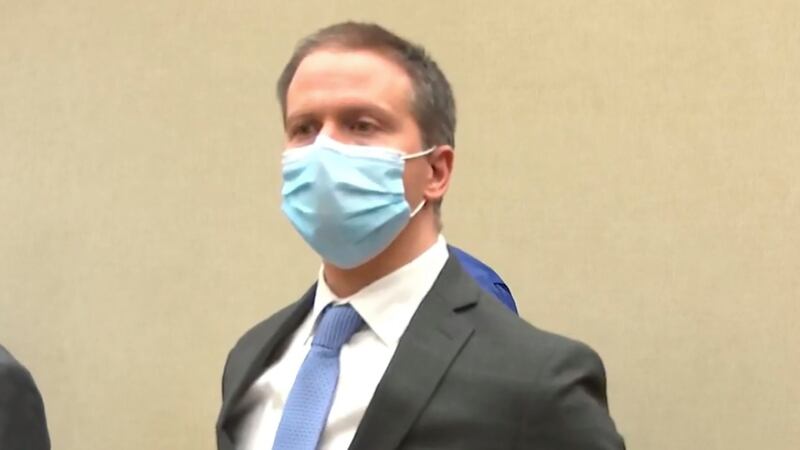 Former Minneapolis police officer Derek Chauvin in court on Tuesday. Photograph:  Court TV via AP, Pool