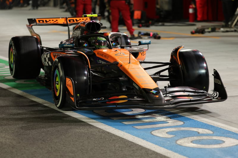 McLaren's Lando Norris makes a pit stop during the Las Vegas Grand Prix. Photograph: Cristobal Herrera Ulashkevich/AFP via Getty Images