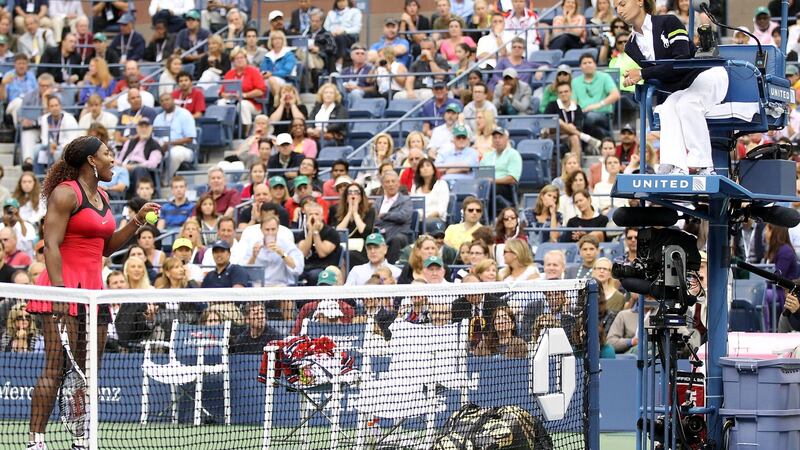 Serena Williams  questions the call of chair umpire Eva Asderakia while playing against Samantha Stosur in the final of the US Open in 2011. Photograph:  Matthew Stockman/Getty Images